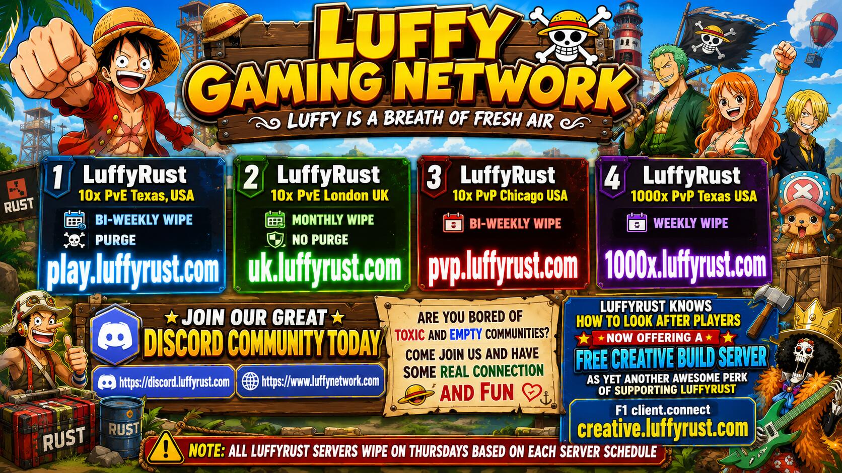 Discovery splash banner for Luffy Gaming Network - A community of like minded friendly gamers. Discord server