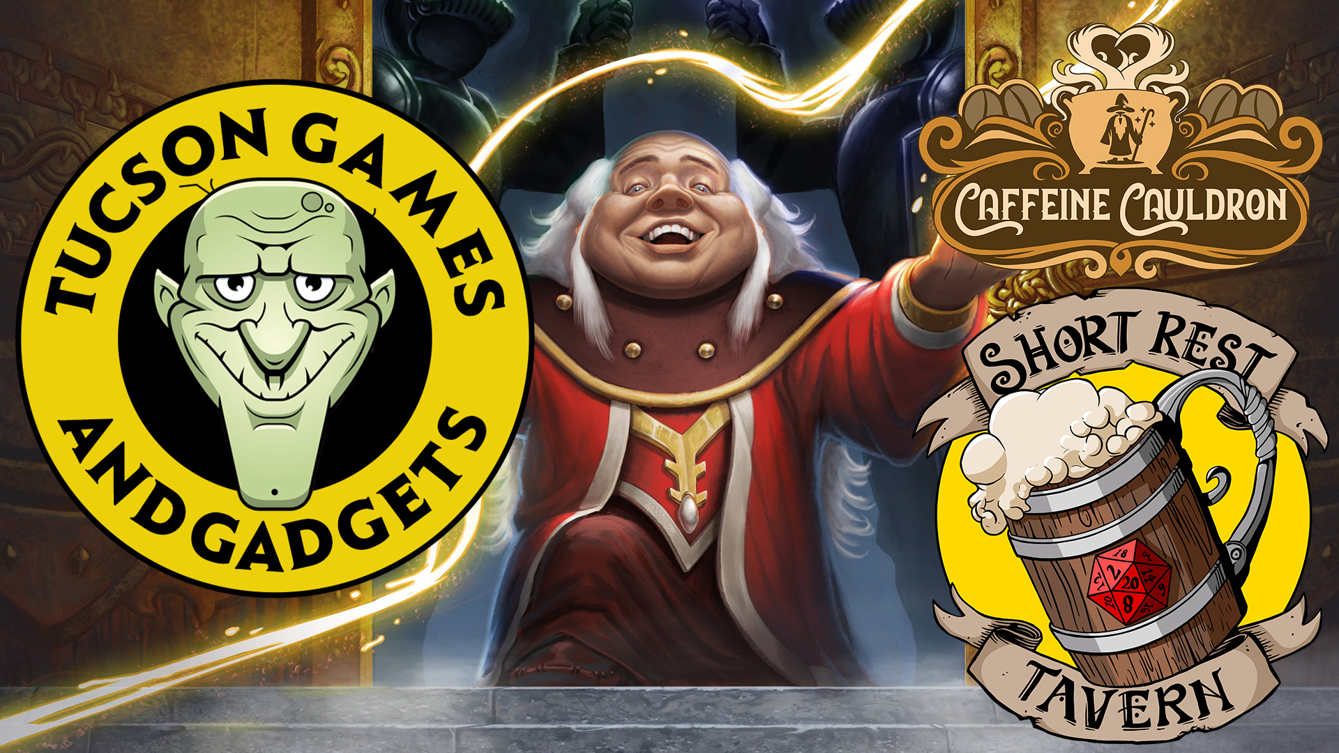 Discovery splash banner for Tucson Games & Gadgets / Short Rest Tavern/Caffeine Cauldron Discord server