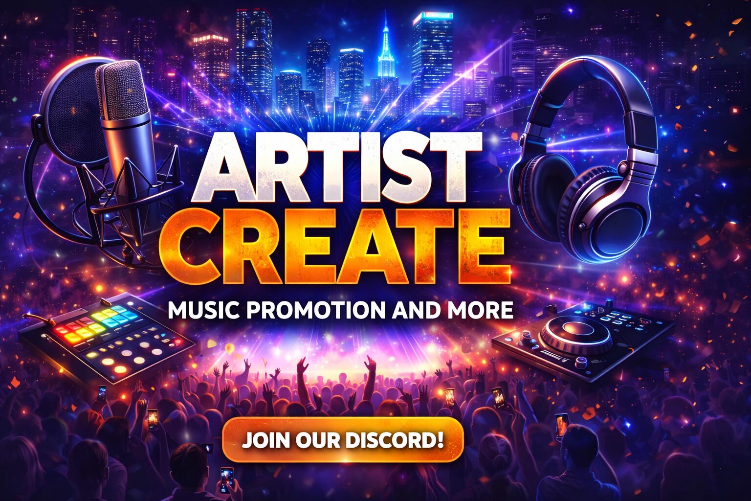Discovery splash banner for Artist Create 🔥 | helping Indi Artists Discord server